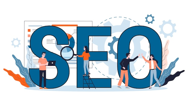 Vettore concetto di seo. idea di ottimizzazione dei motori di ricerca per il sito web come strategia di marketing. promozione di pagine web su internet. illustrazione in stile cartone animato