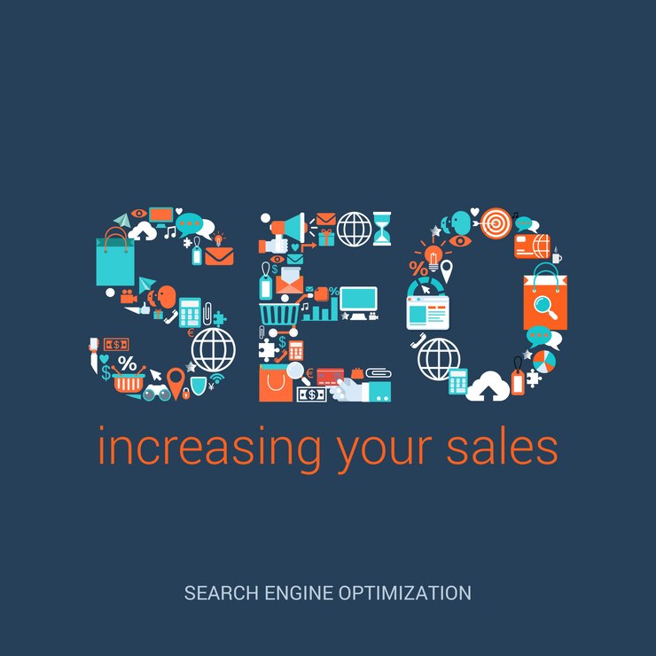 Vector seo concept increasing your sales flat style illustration. search engine optimization abbreviation formed by variety plenty of related icons.