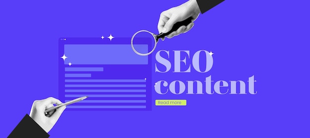 seo content banner collage with halftone magnifying glass in hand design for digital search data