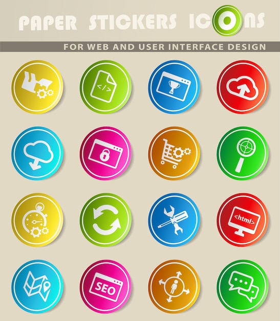 Vector seo and development vector icons on colored paper stickers