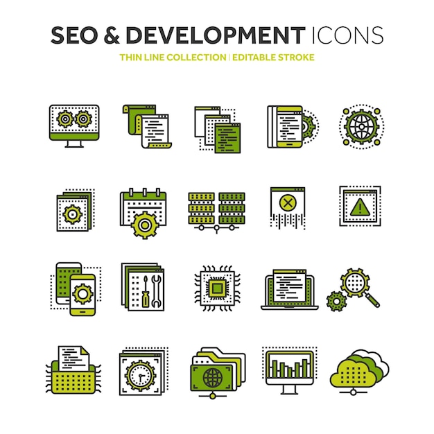 Seo en app ontwikkeling Zoekmachine optimalisatie Internet e-commerce Dunne lijn zwarte web icoon set Schets icoontjes collectie Vector illustratie