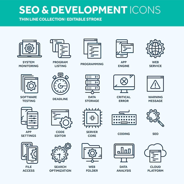 SEO- en appontwikkeling Zoekmachine-optimalisatie Internet e-commerce Dunne lijn webpictogram set Outline pictogram verzameling