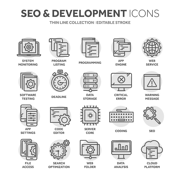 SEO en appontwikkeling Zoekmachineoptimalisatie Internet e-commerce Dunne lijn zwarte webpictogram set Outline pictogrammen verzameling Circle element
