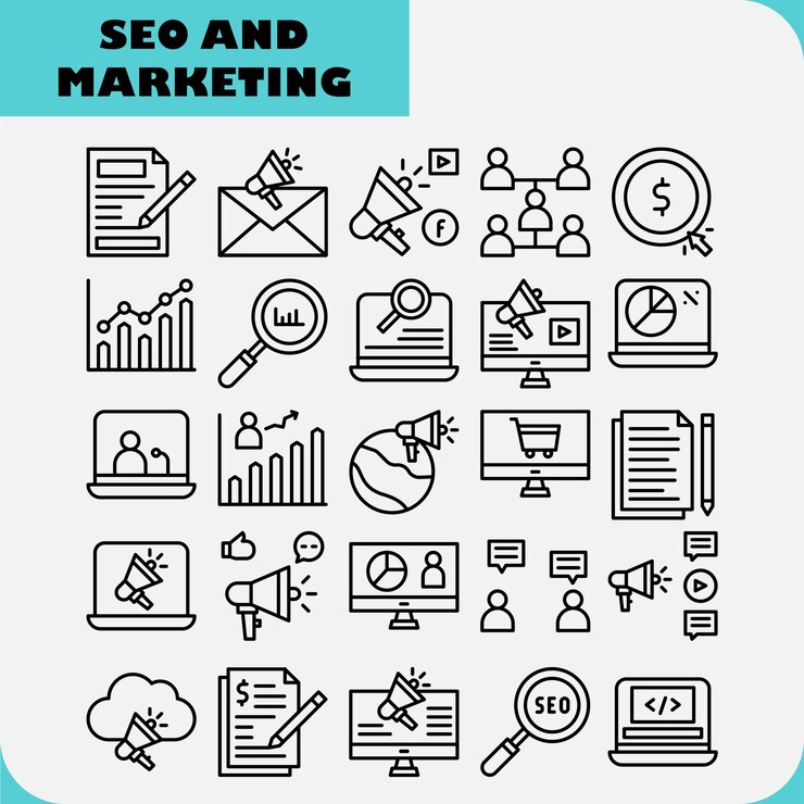 Vector seo en marketing vector zwarte lijn kleur icon pack kan worden gebruikt voor marketing iconen