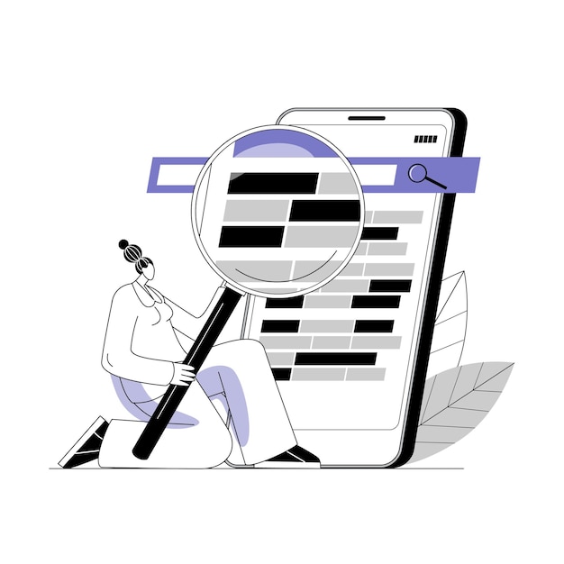 an seo engineer uses a magnifying glass to view and analyze site search results on a smartphone.