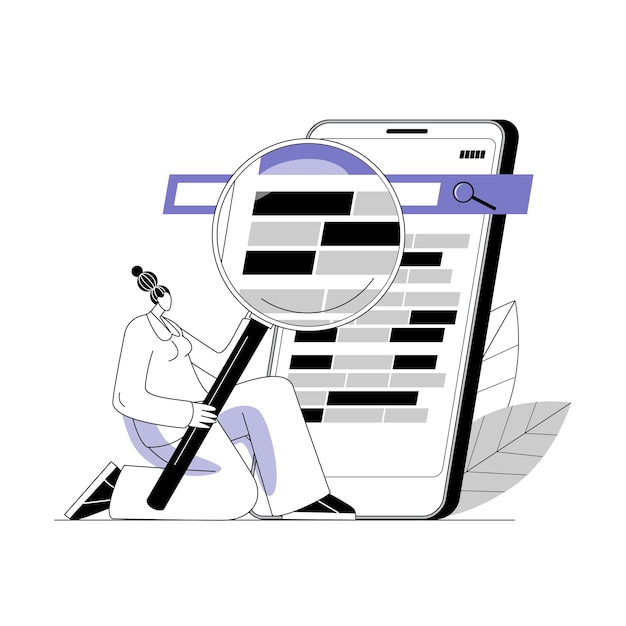 An SEO engineer uses a magnifying glass to view and analyze site search results on a smartphone.