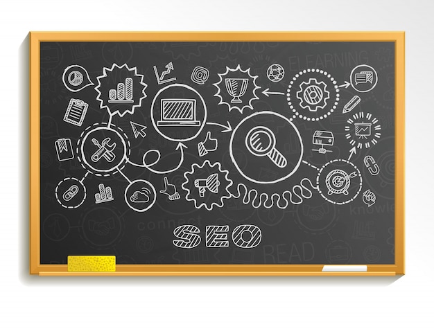 SEO hand tekenen geïntegreerde pictogrammen ingesteld op schoolbestuur. schets infographic illustratie. Verbonden doodle pictogrammen, marketing, netwerk, analytisch, technologie, optimaliseren, interactief serviceconcept