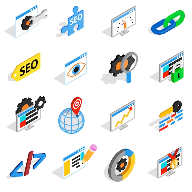 Seo icons set in isometric 3d style. web set collection isolated vector illustration