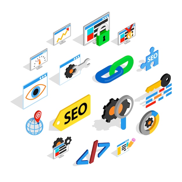 SEO icons set, isometric 3d style