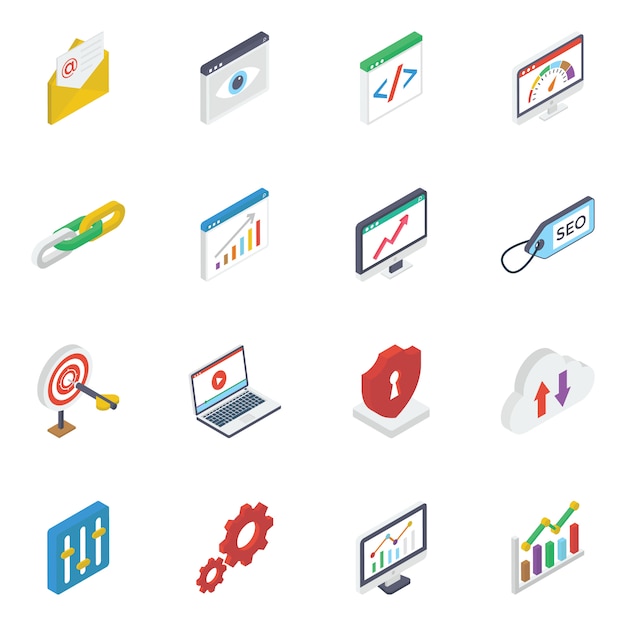 Seo isometric pack on white background