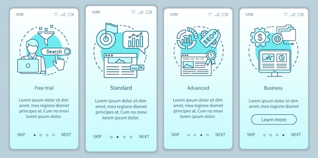 Подписка на инструмент ключевых слов SEO на векторном шаблоне экрана мобильного приложения. Стандартный тариф. Пошаговое руководство по сайту с линейными иллюстрациями. UX, UI, GUI концепция интерфейса смартфона