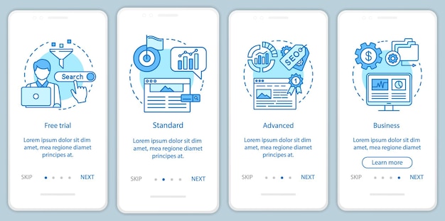 Seo keyword tool subscription onboarding mobile app page screen with linear concepts. four walkthrough steps graphic instructions. standard tariff. ux, ui, gui vector template with illustrations