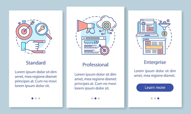 線形の概念を持つモバイルアプリページ画面をオンボーディングするSEOキーワードツールサブスクリプション。標準料金。 4つのウォークスルーステップのグラフィックによる説明。イラスト付きのUX、UI、GUIベクトルテンプレート