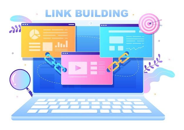 SEO Link Building как поисковая оптимизация, маркетинг и цифровые технологии для разработки домашней страницы или мобильных приложений. Векторная иллюстрация