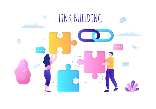 SEO Link Building как поисковая оптимизация, маркетинг и цифровые технологии для разработки домашней страницы или мобильных приложений. Векторная иллюстрация