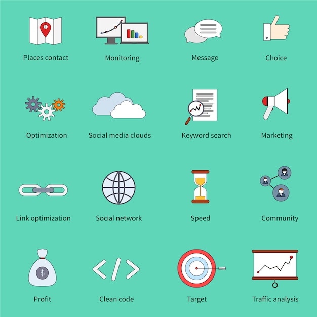 SEOマーケティングフラットラインのアイコンを設定する場所連絡先監視メッセージ選択分離ベクトル図