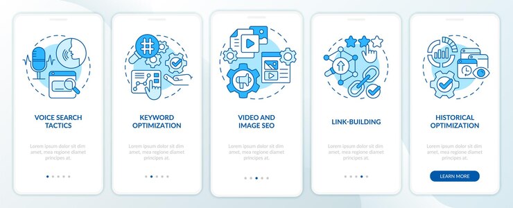 Vector seo marketing trends blue onboarding mobile app screen