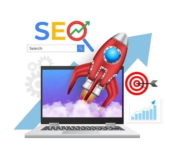 Vector seo of search engine optimization web analytics ontwerp launch landing page site en promotie