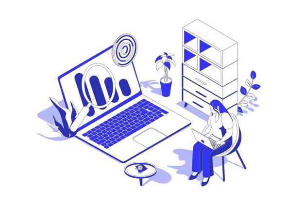 SEO-optimalisatie 3d isometrisch concept in isometrie grafisch ontwerp voor het web Mensen scène met vrouw die werkt met zoekmachine instellingen en onderzoek naar verkeer analytics grafieken Vector illustratie