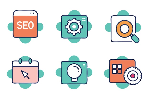 SEO-optimalisatie voor zoekmachines Gerelateerde kleurrijke icoon set vector illustratie op witte achtergrond