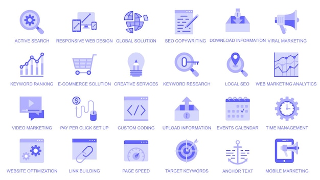 SEO-optimalisatie webpictogrammen in duotoon vlak ontwerp Pack pictogrammen met actieve zoekopdracht globale oplossing copywriting download informatie virale marketing zoekwoord ranking Vector illustratie