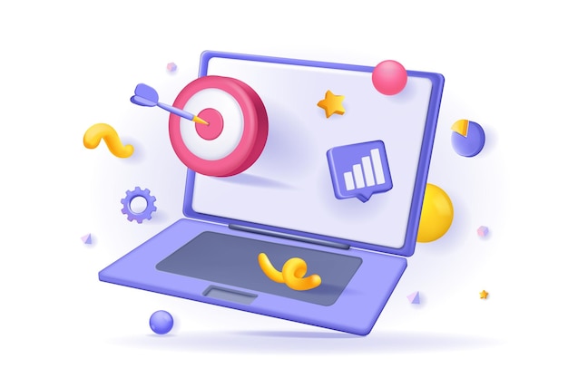 Seo optimization concept d illustration icon composition with laptop data chart