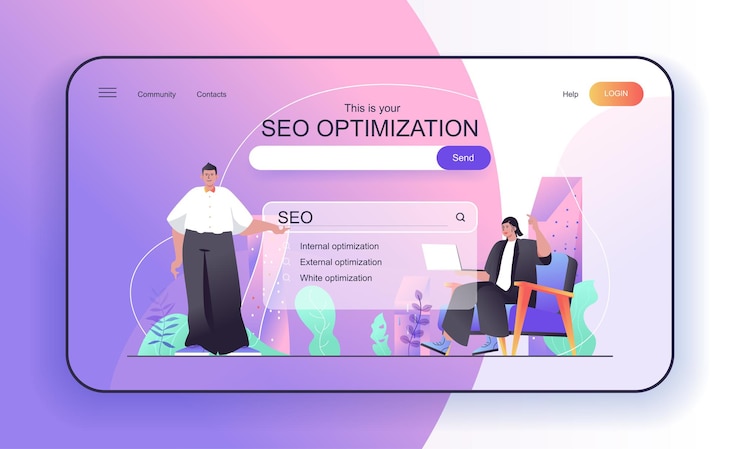 Вектор концепция seo-оптимизации для маркетологов целевой страницы настраивает панель поиска и движок