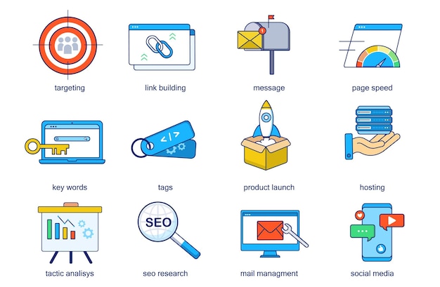 seo optimization concept line icons set pack outline pictograms of targeting link building message