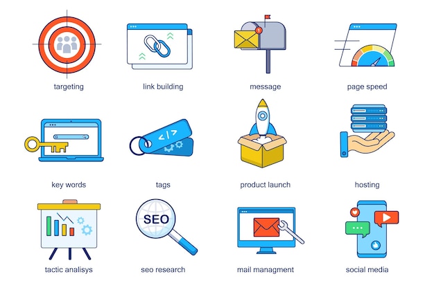 Seo optimization concept line icons set Pack outline pictograms of targeting link building message