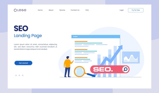 Vettore ottimizzazione seo concetto sviluppo sito web imprenditore business web data analista illustrazione piatta vettore landing page