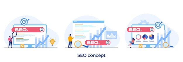 SEO optimization concept, website development, entrepreneur, business web, data analyst, flat illustration vector