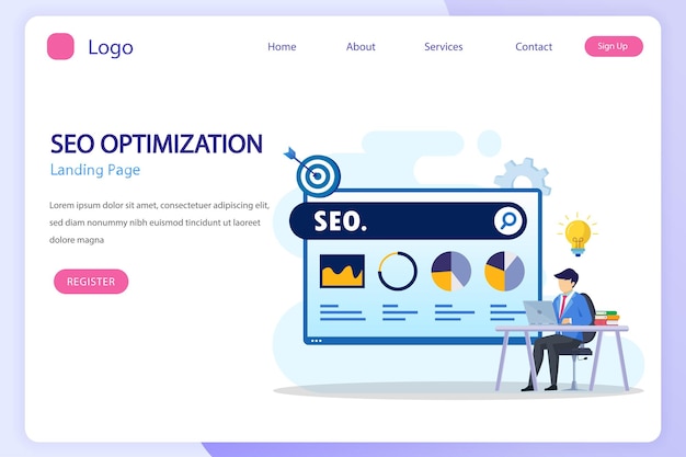 Seo optimization concept website development entrepreneur business web data analyst illustration with icons and character flat vector template style suitable for web landing pages