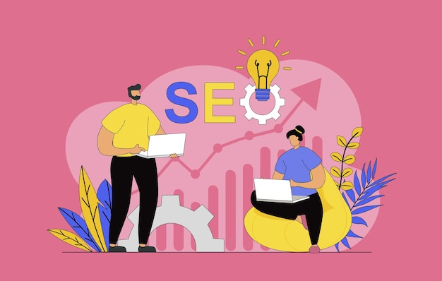 웹에 대한 현대적인 평평한 디자인을 가진 SEO 최적화 개념: 검색 설정을 만들고 사이트 데이터를 분석하는 사람, 순위에서 사이트의 위치를 변경하는 사람, 키워드를 선택하는 사람, 터 일러스트레이션