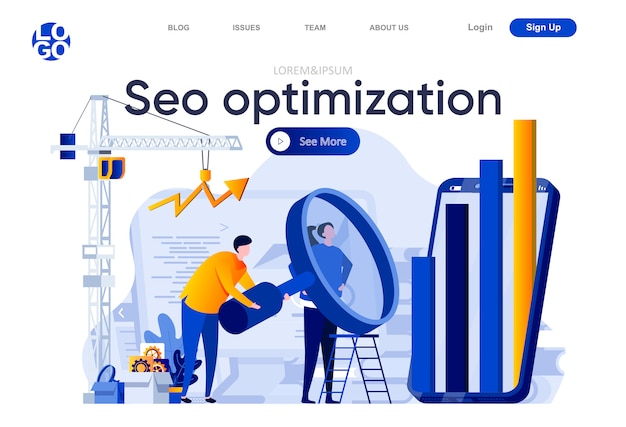 Vector seo optimization flat landing page. analytics team carefully studying information with big magnifying glass illustration. search engine optimization web page composition with people characters