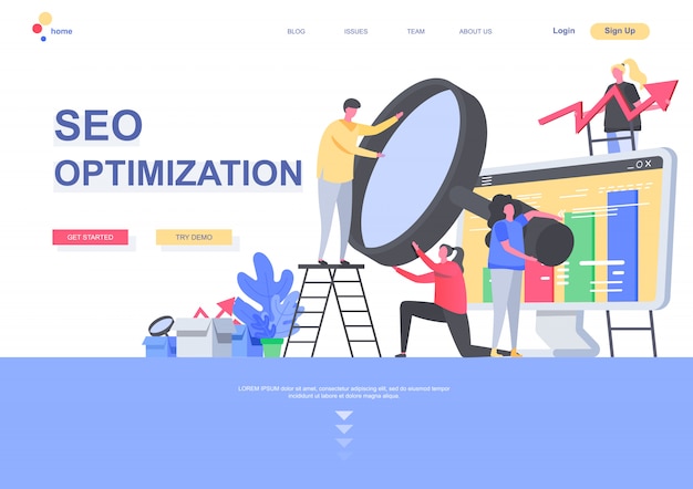 Seo optimization flat landing page template. marketing team analyzing information with magnifying glass situation. web page with people characters. search engine optimisation illustration.