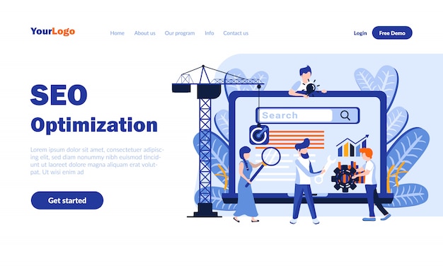 Vector seo optimization flat landing page  with header