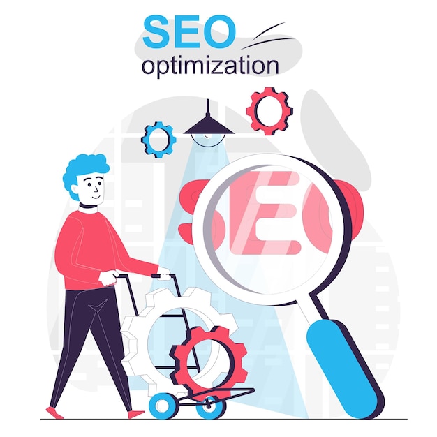 Вектор seo оптимизация изолированной концепции мультфильма настройка человека для повышения рейтинга сайта для поиска