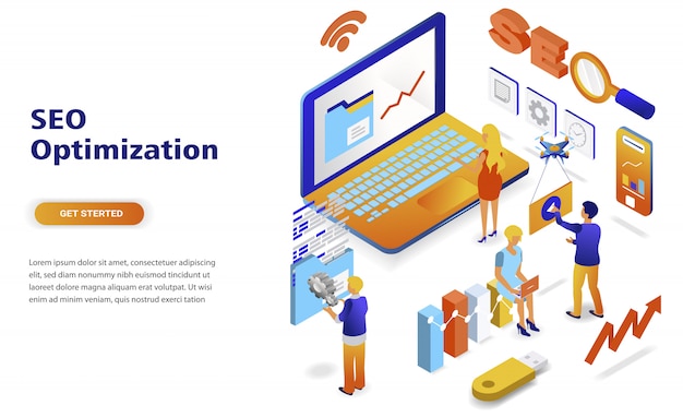 Vettore concetto isometrico di ottimizzazione seo moderno design piatto