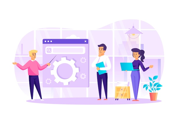 SEO optimization at office flat design concept with people characters scene