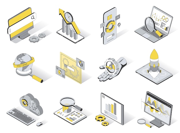 Vector seo optimization service concept 3d isometric icons set pack elements of search isometry design
