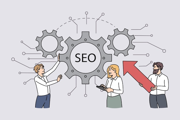 Vector seo optimization and strategy concept. group of business people team coworkers standing looking at gears arrows with seo lettering in middle vector illustration