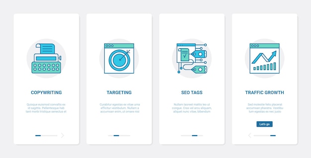 웹 트래픽 증가를 위한 Seo 최적화 Ux Ui 온보딩 모바일 앱 페이지 화면 세트