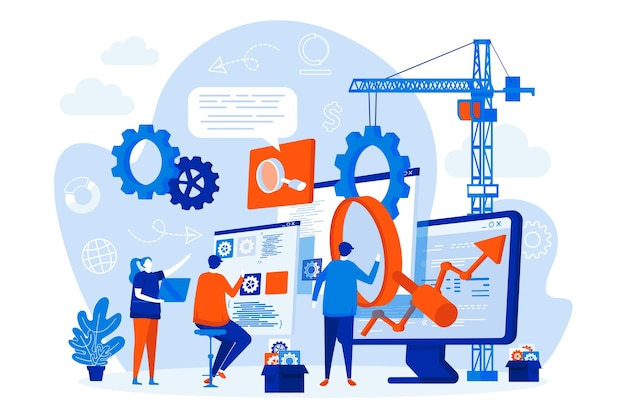 SEO optimization web design with people characters illustration