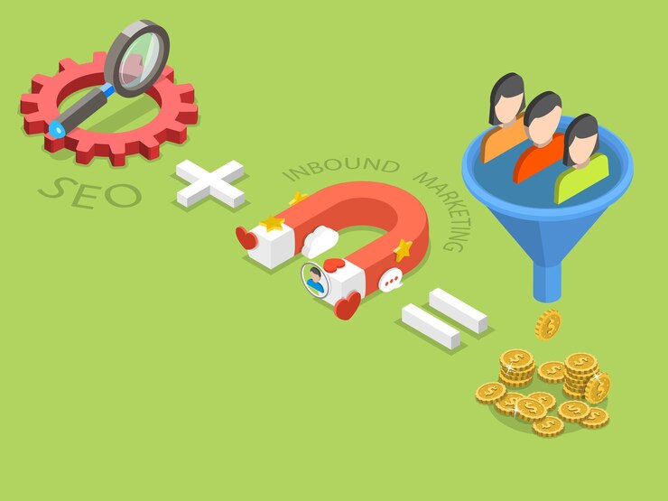 Vector seo plus inbound marketing flat isometric concept of an effective sales strategy.