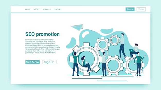 Vector seo promotionteamwork and business promotionan illustration in the style of a green landing page