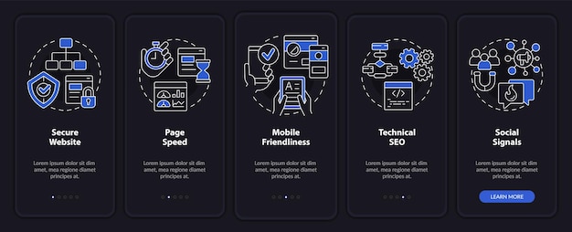 Seo-rangschikkingsfactoren nachtmodus onboarding mobiele app-scherm