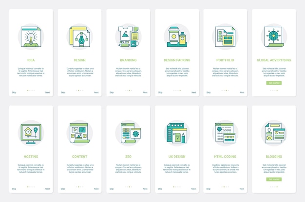 SEO reclame diensten branding technologie UX UI mobiele app pagina scherm set