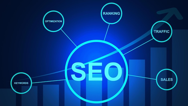 Sfondo del concetto di ottimizzazione dei motori di ricerca seo per il marketing digitale, il business online e il sito web