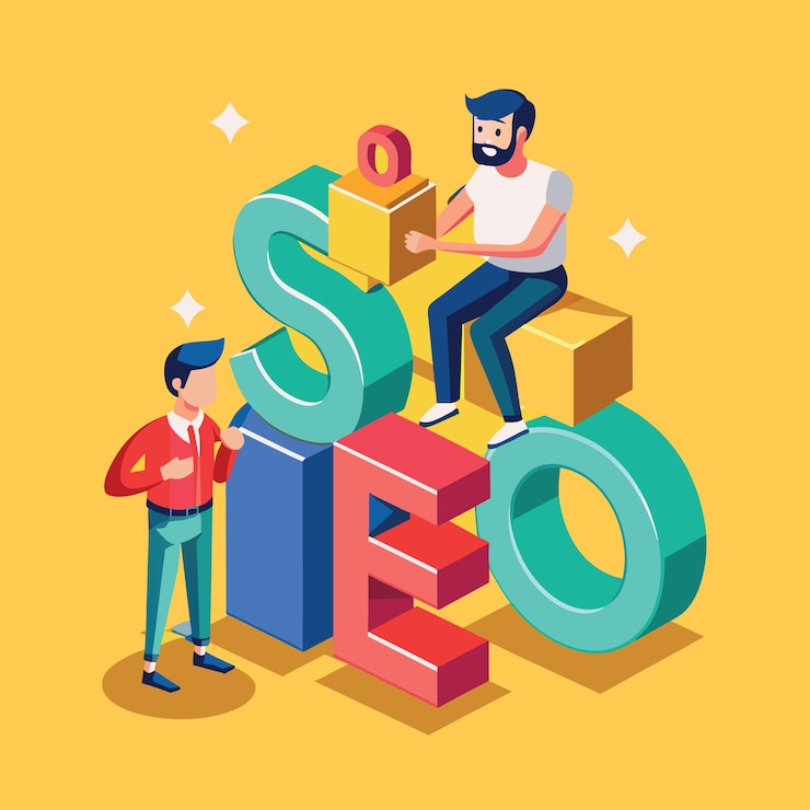 Vector seo search engine optimization concept miniature teenager young man sitting on wooden block with
