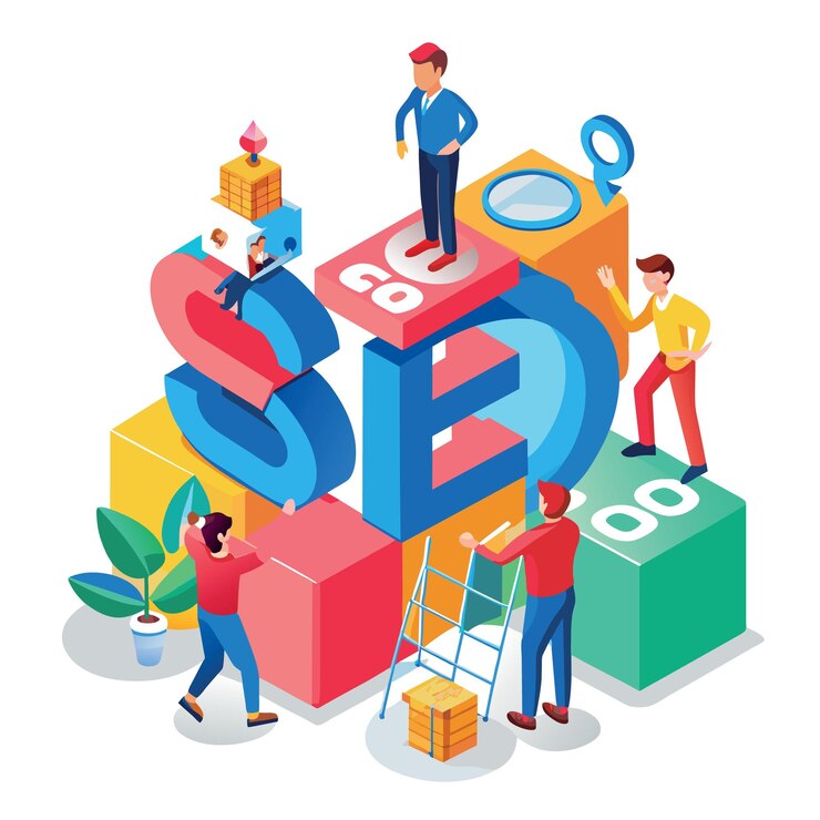 Vector seo search engine optimization website search result advertising concept miniature people techno